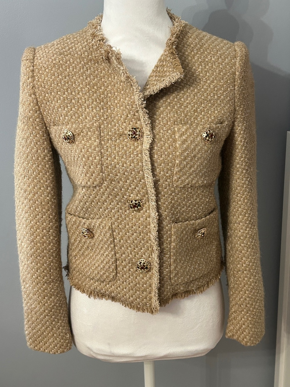 MNG Mango Tweed Jacket Women's S Tan Jewel Buttons Fringe Trim Cropped